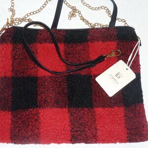NWT Fadivo New York Black Red Buffalo Check Crossbody Converts to Wristlet Purse